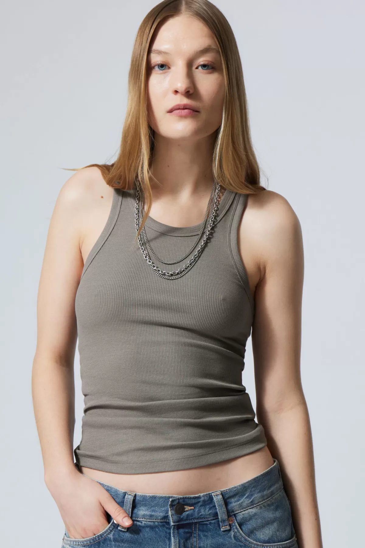 Weekday Close Fitted Tank Top Dark Grey New