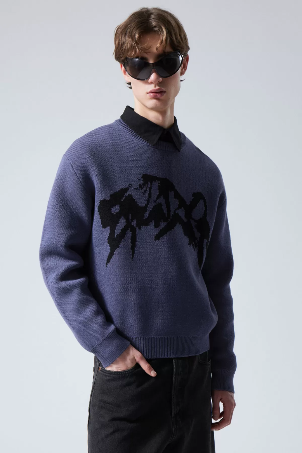 Weekday Fabian Graphic Sweater Erazer Dusty Blue Best Sale