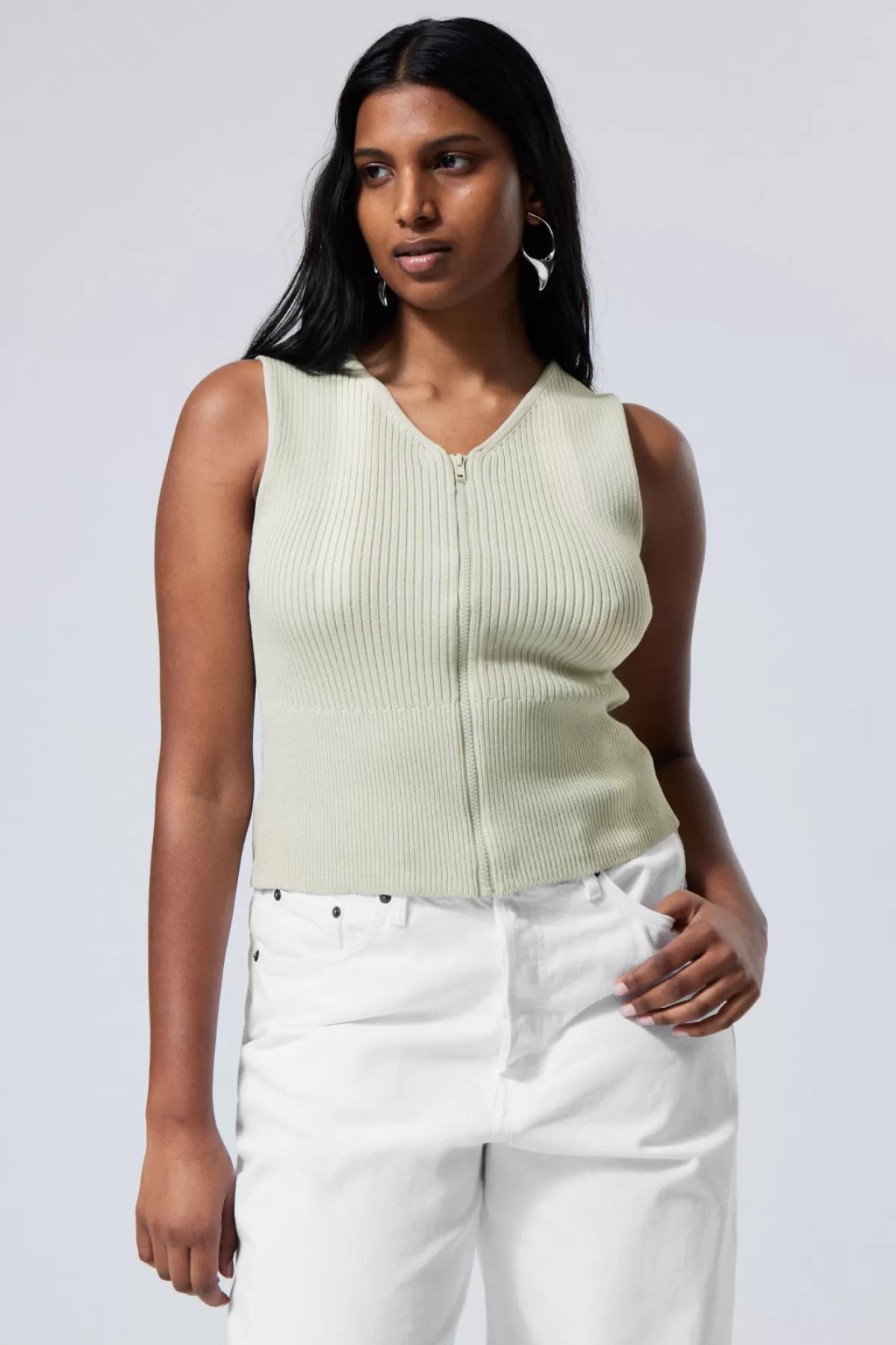 Weekday Fitted Knitted Zip Top Streaky Light Green Best