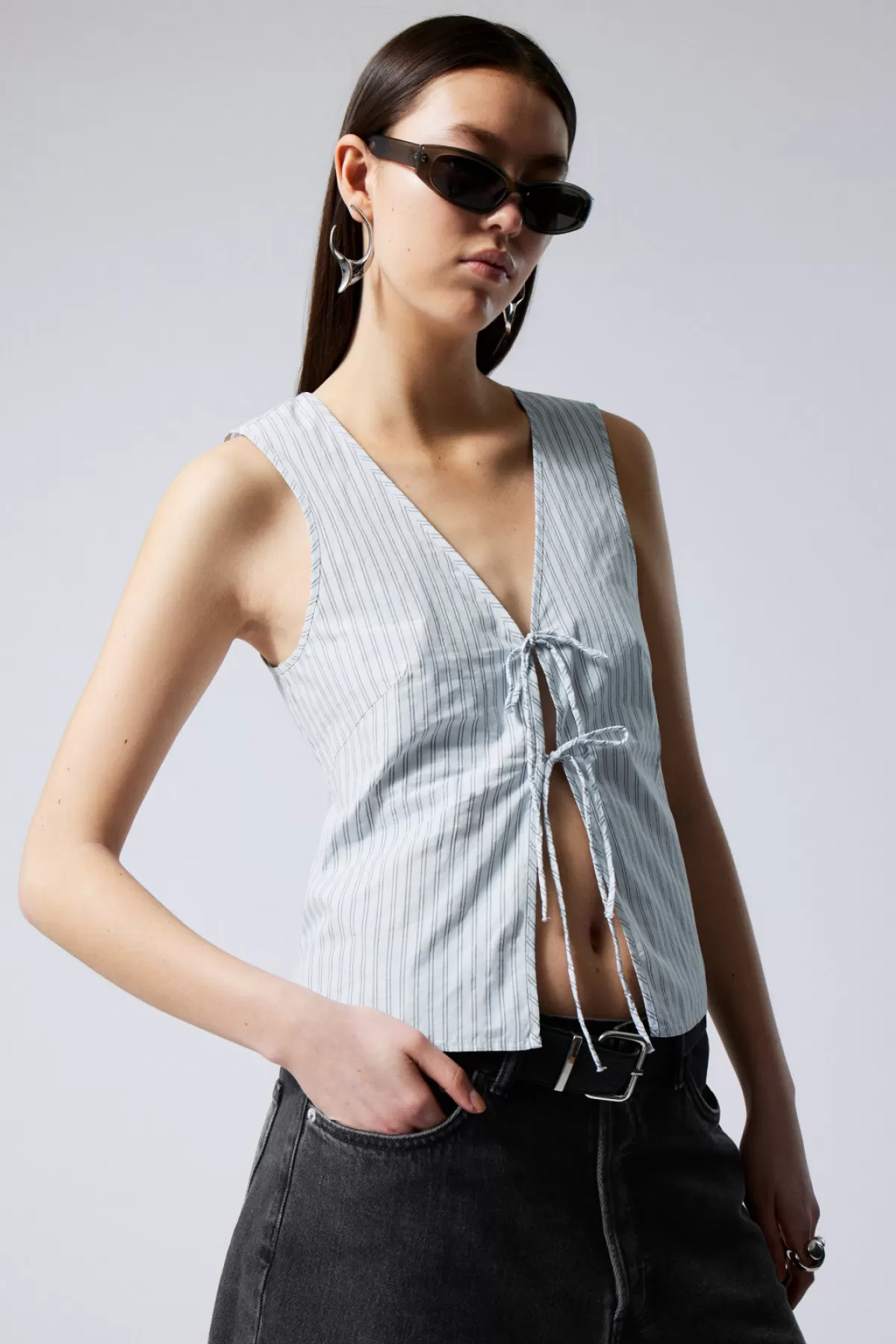 Weekday Fitted Vest Top Light Blue Stripe Discount