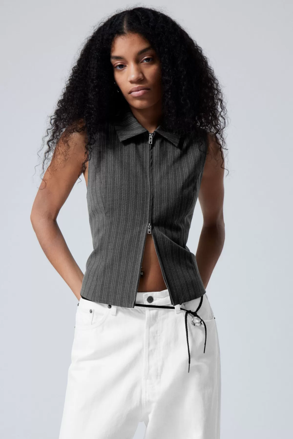 Weekday Fitted Zip Vest Dark Grey Stripe Best Sale