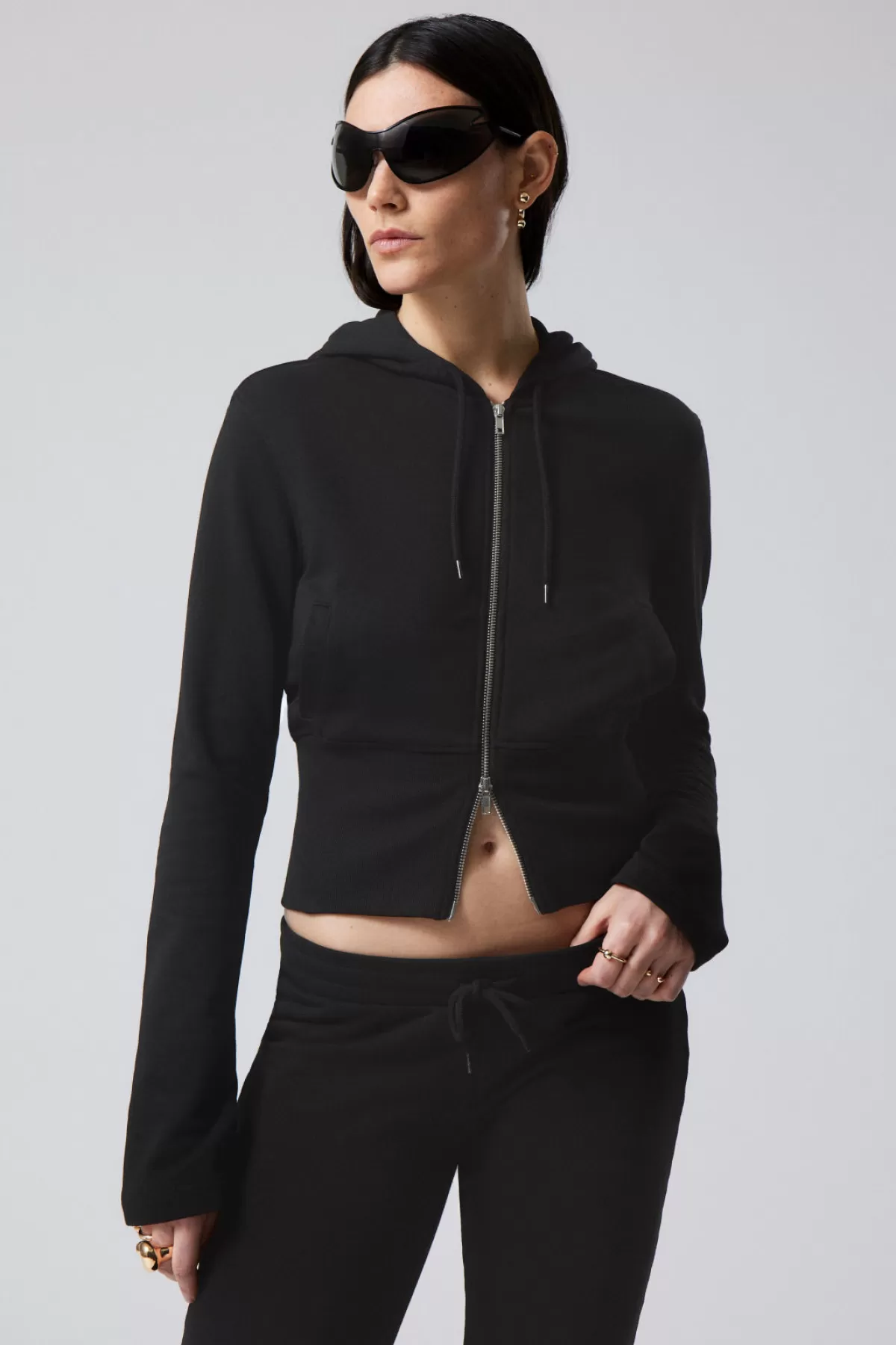 Weekday High Rib Mini Zip Hoodie Black Clearance