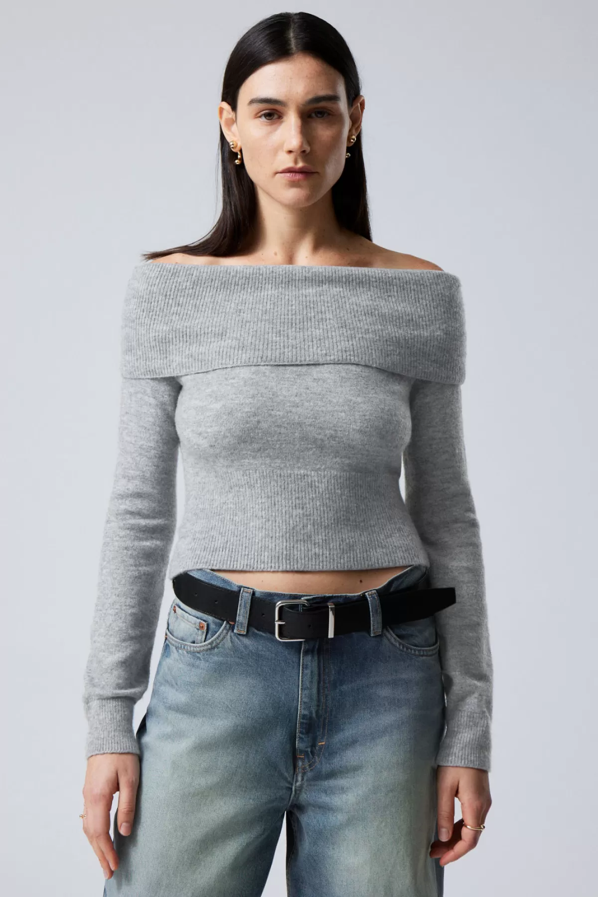 Weekday Lolo Off Shoulder Sweater Grey Melange Flash Sale