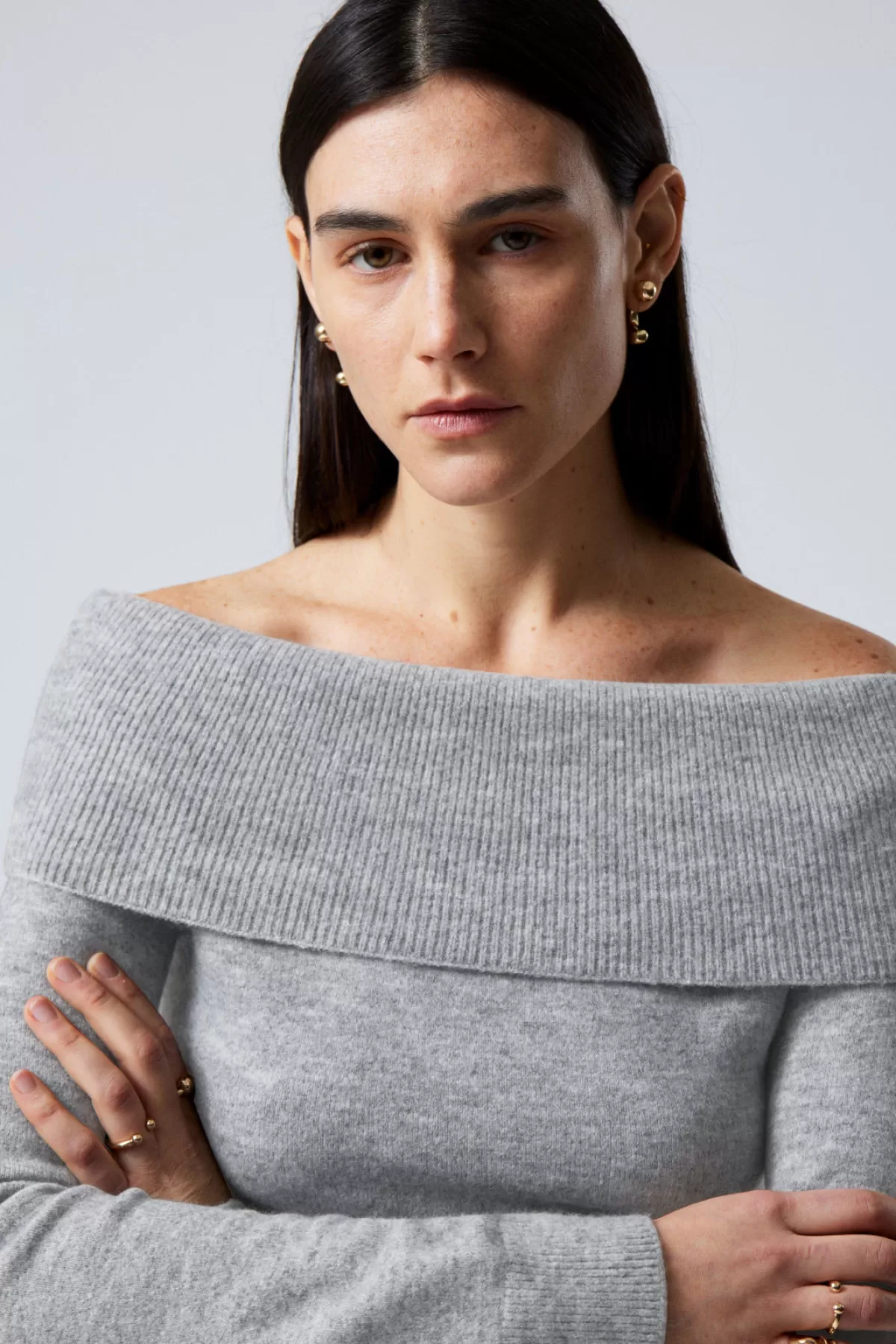 Weekday Lolo Off Shoulder Sweater Grey Melange Flash Sale