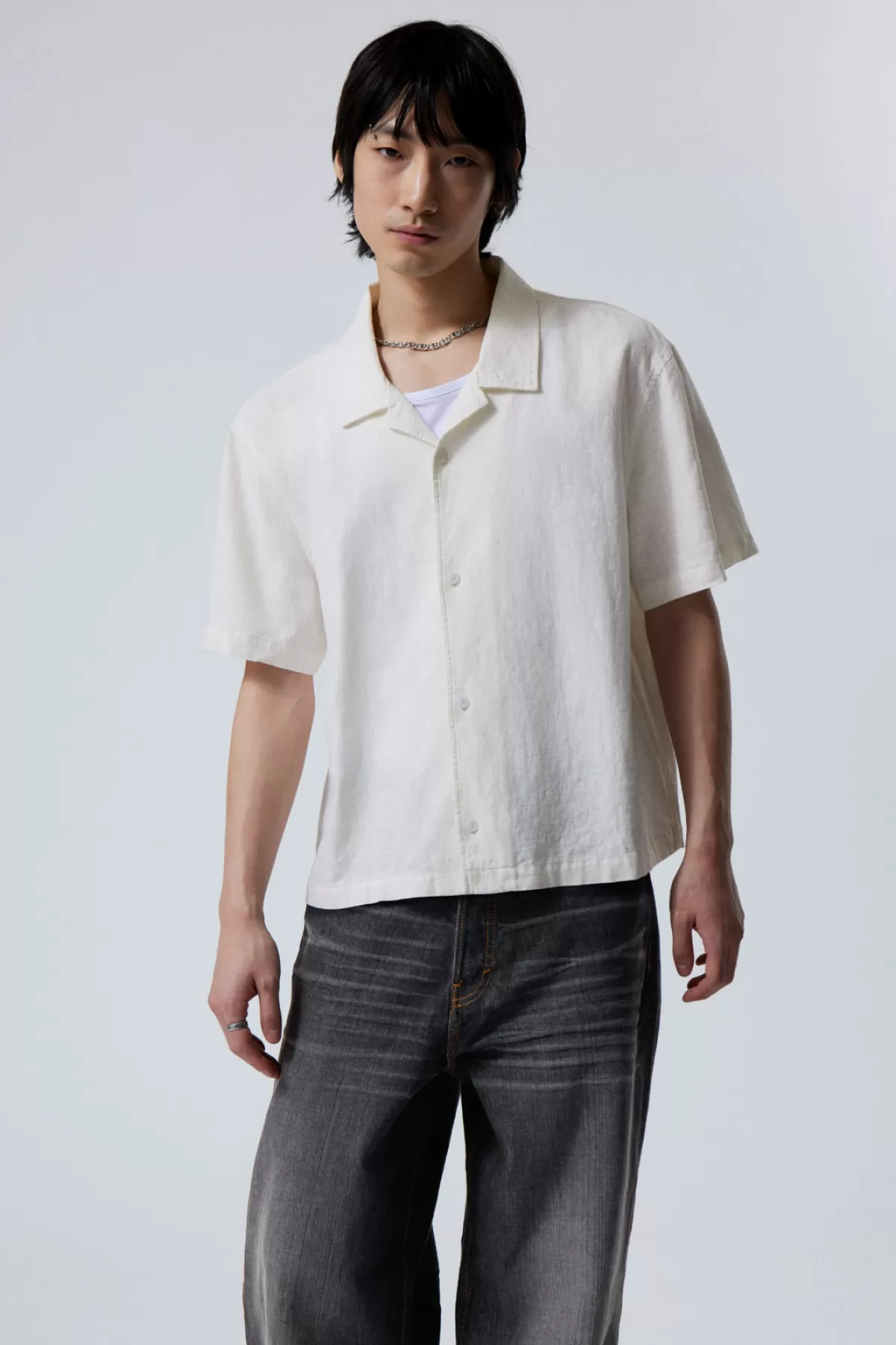 Weekday Loose Short Sleeve Linen Blend Shirt Dusty White Best
