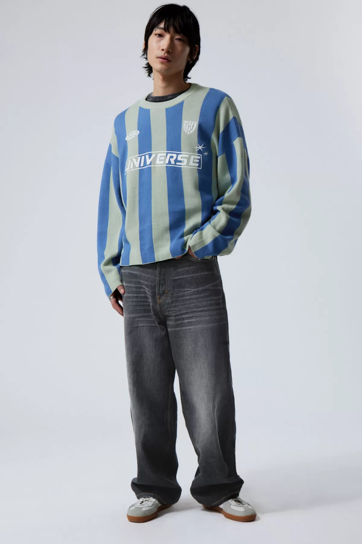 Weekday Loose Soccer Team Knitted Sweater Green & Blue Stripe Best Sale