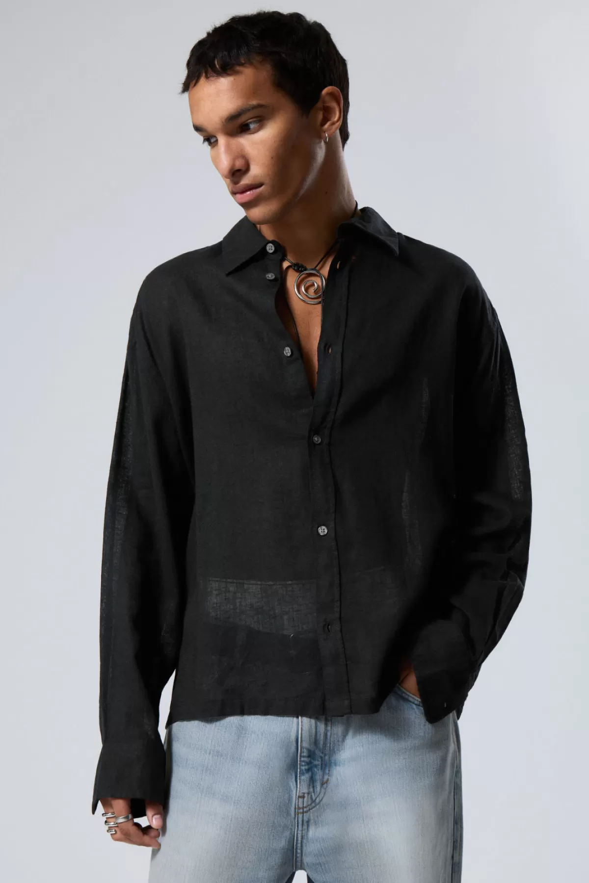 Weekday Oversized Boxy Linen Blend Shirt Black Cheap