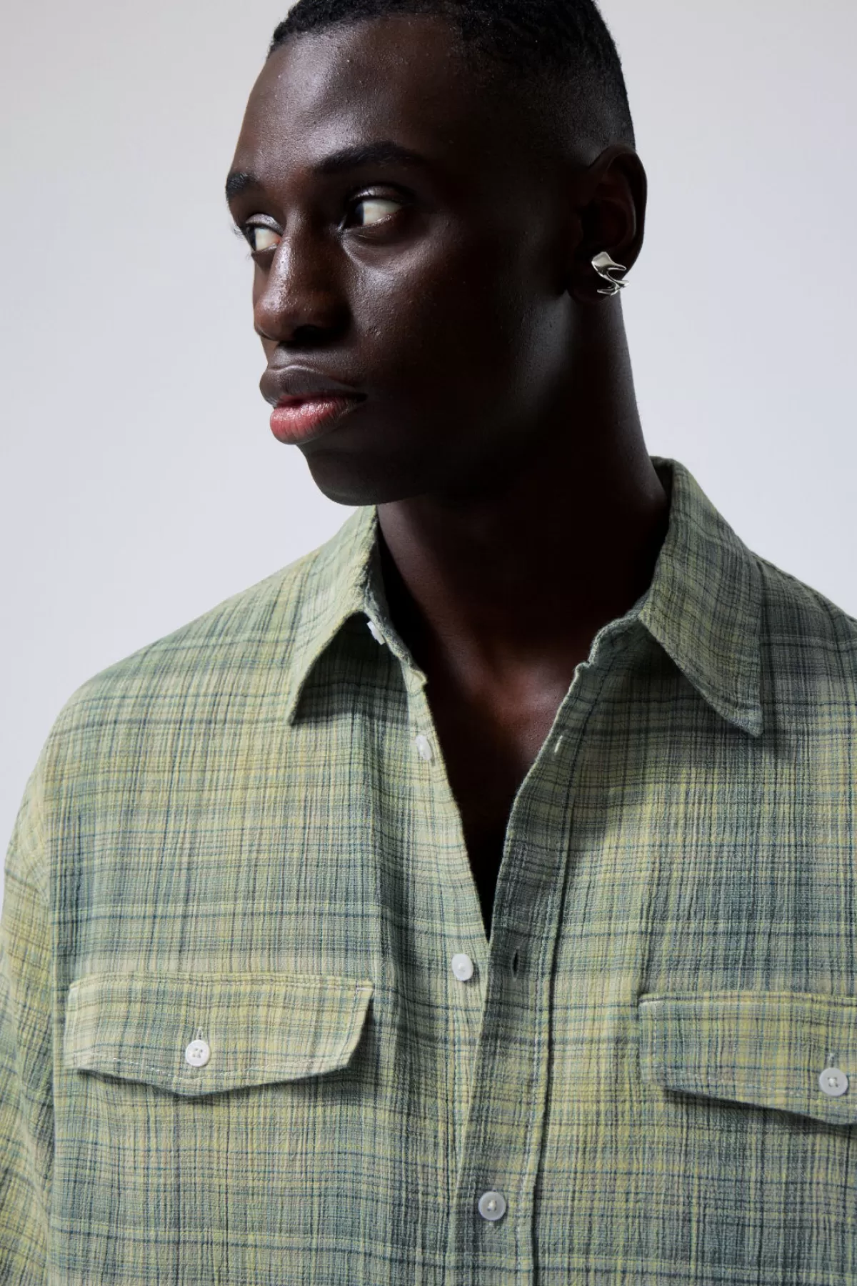 Weekday Oversized Checked Short Sleeve Shirt Dusty Green Check Outlet