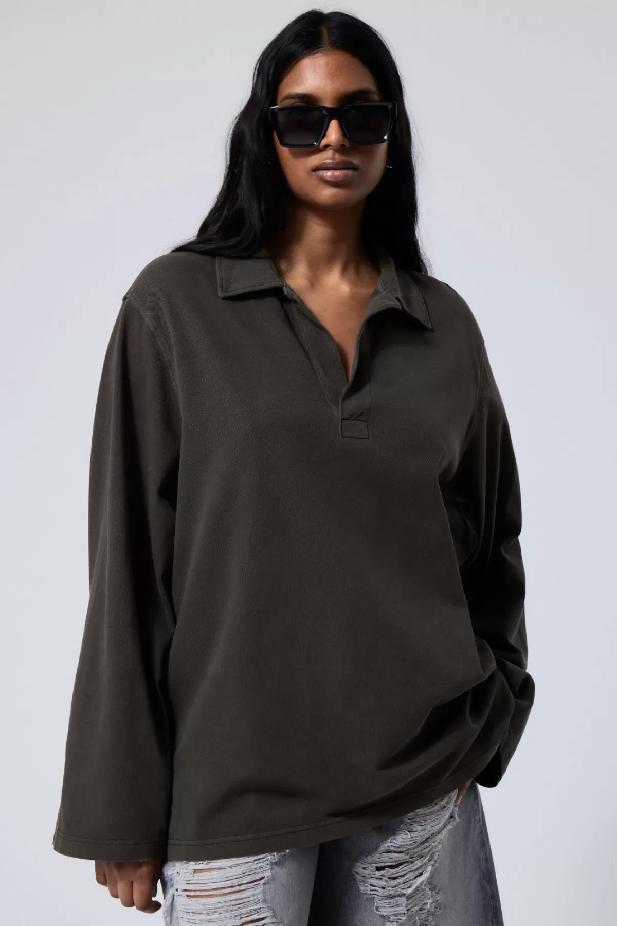 Weekday Oversized Long Sleeve Polo Shirt Dark Grey Sale