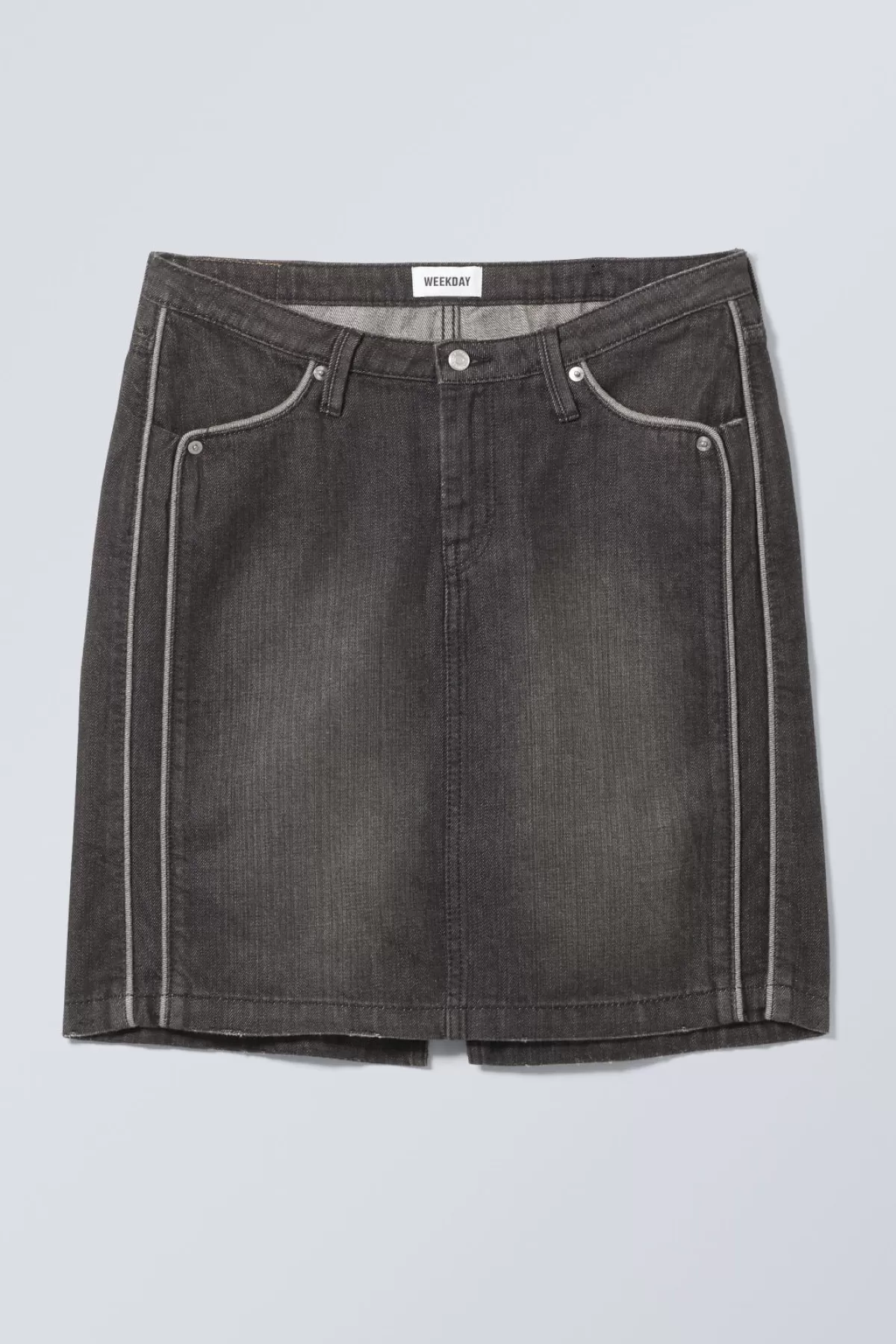 Weekday Piped Knee Length Denim Skirt Dirty Ash Clearance