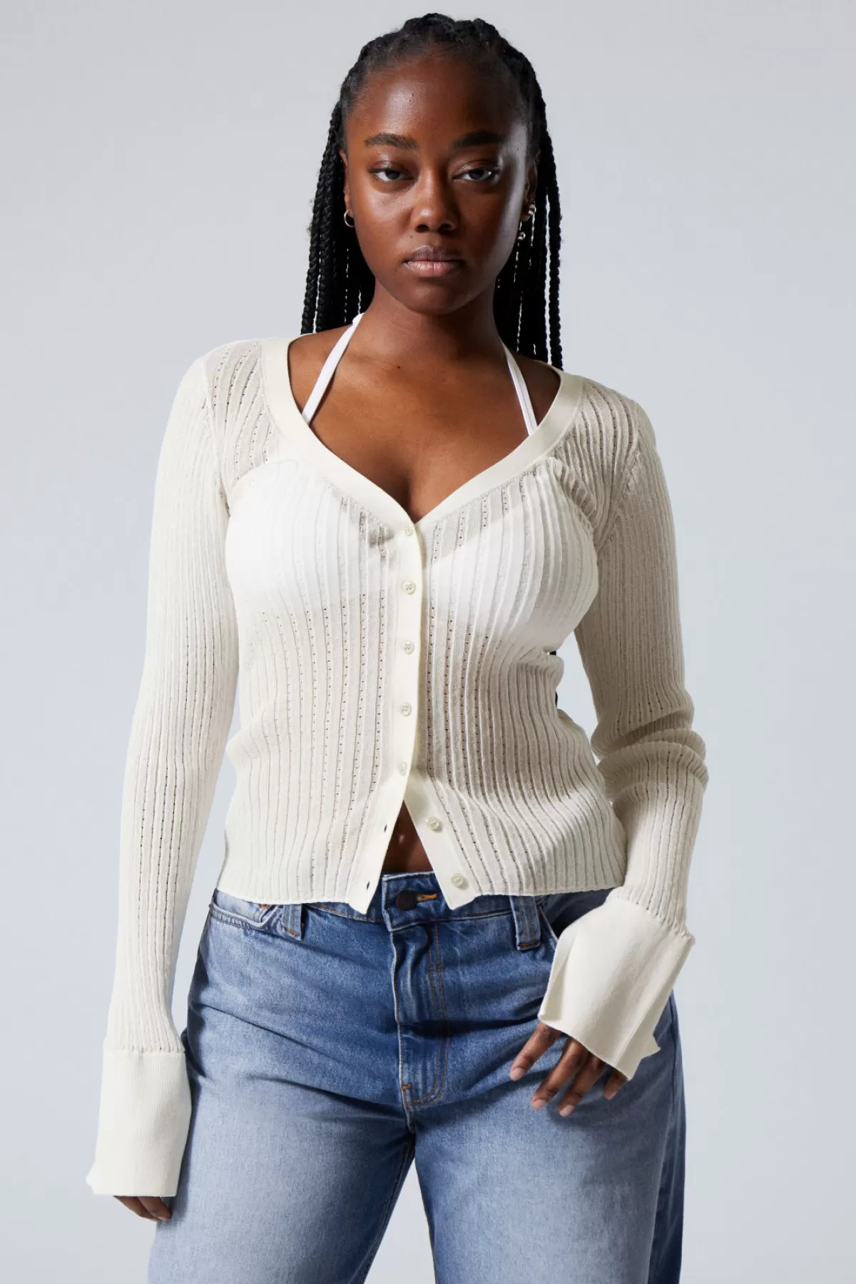 Weekday Pointelle Knitted Cardigan White Online