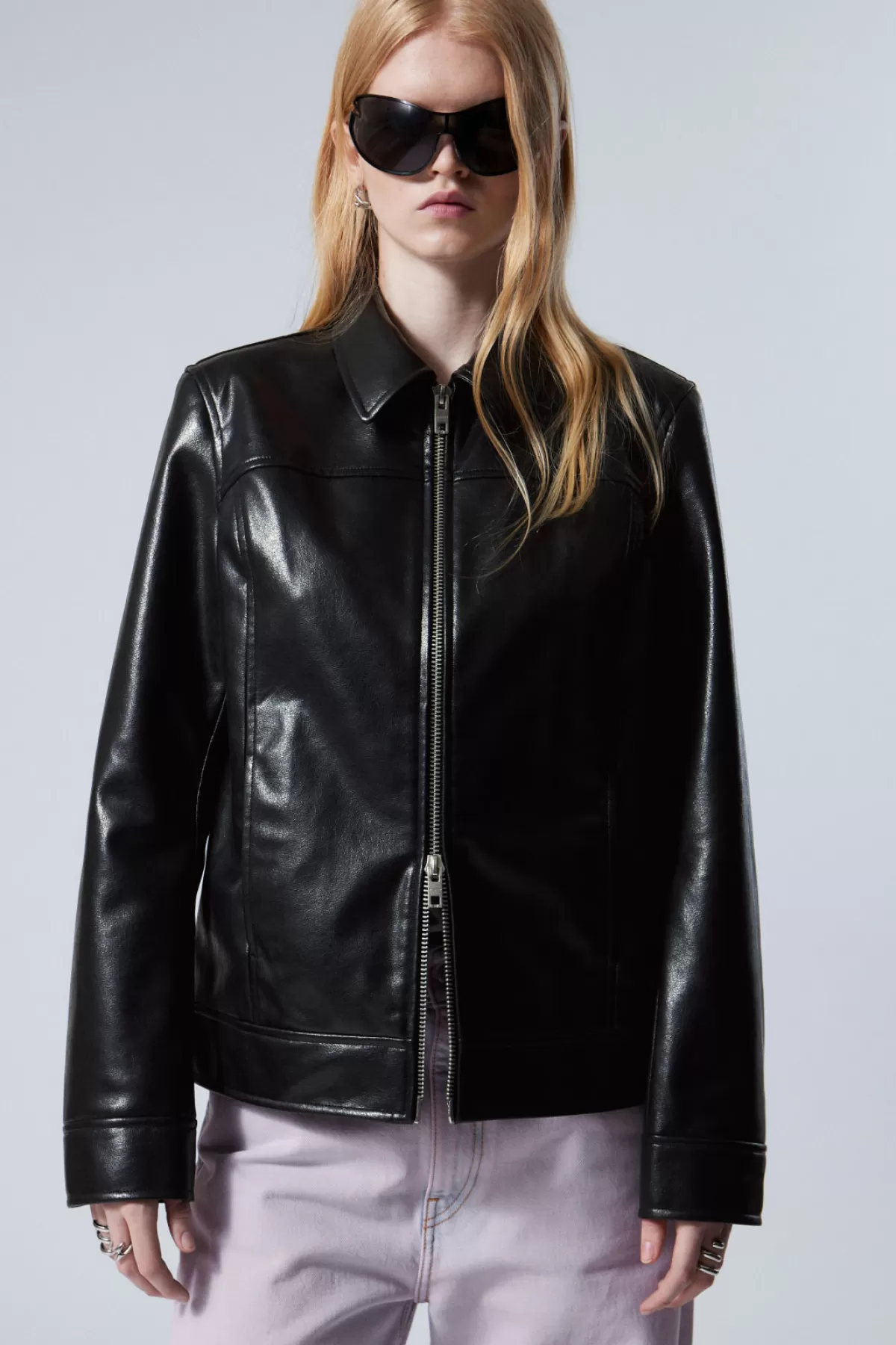 Weekday Regular Fit Faux Leather Jacket Black Discount