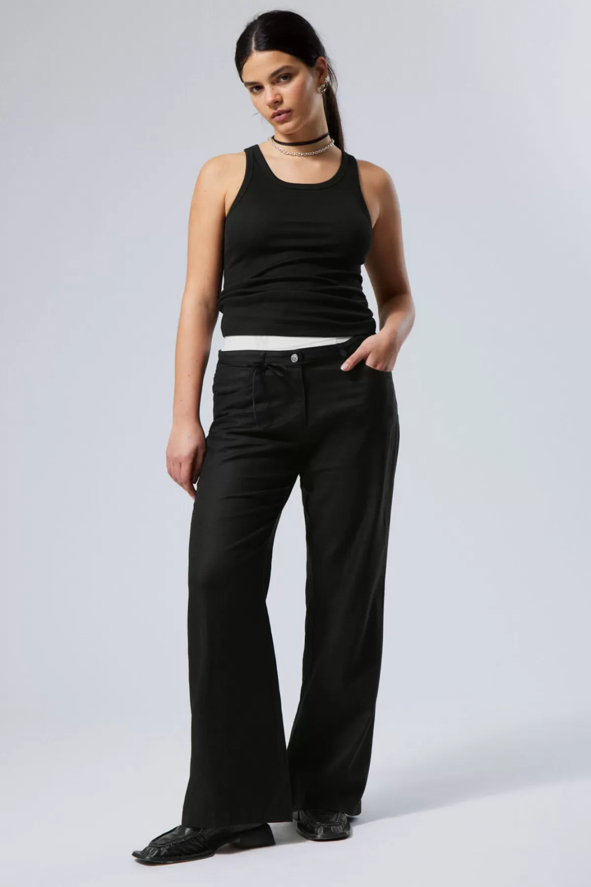 Weekday Regular Fit Linen Blend Trousers Black Discount