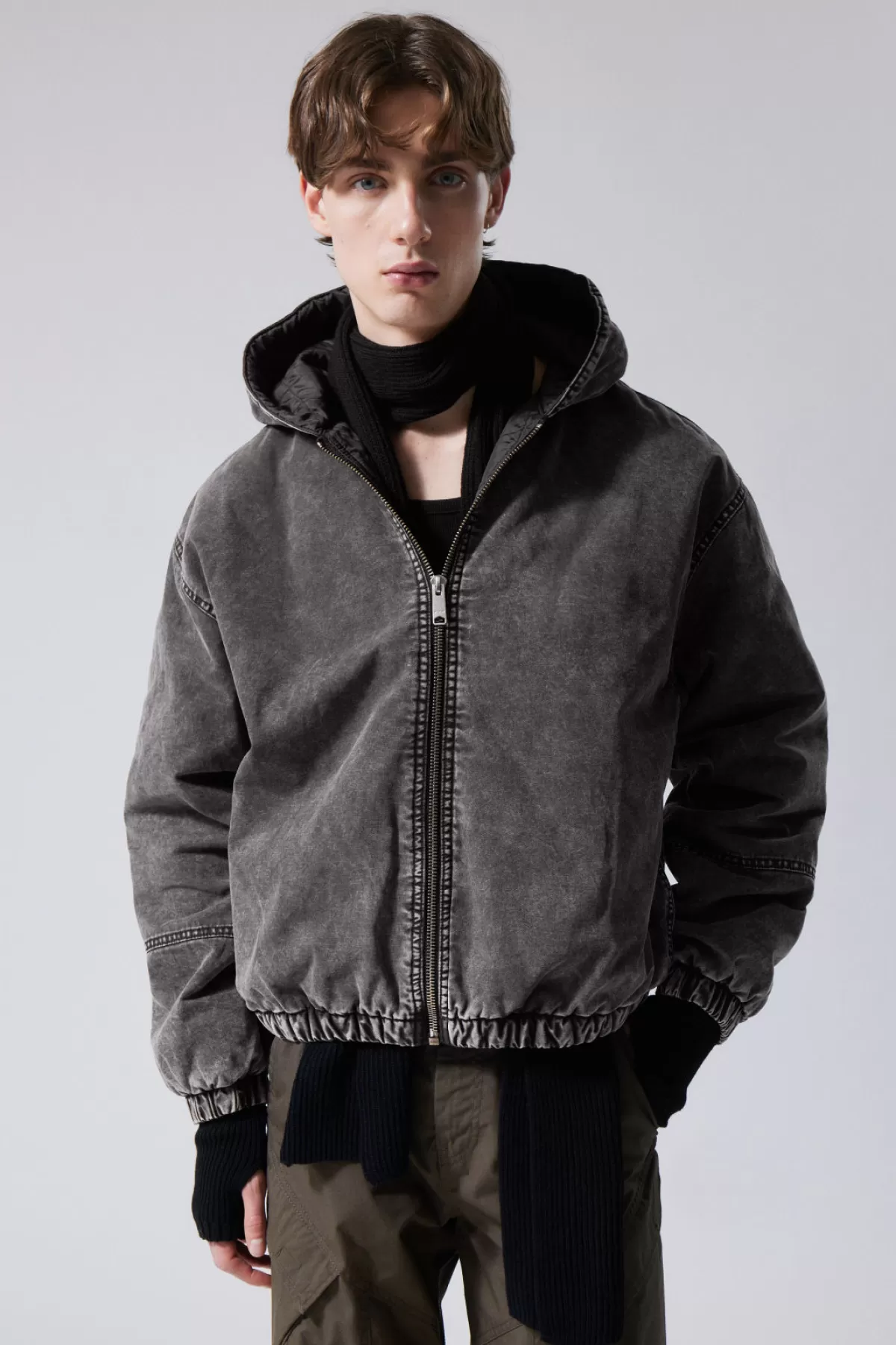 Weekday Remy Hooded Bomber Jacket Bleach Washed Black Store
