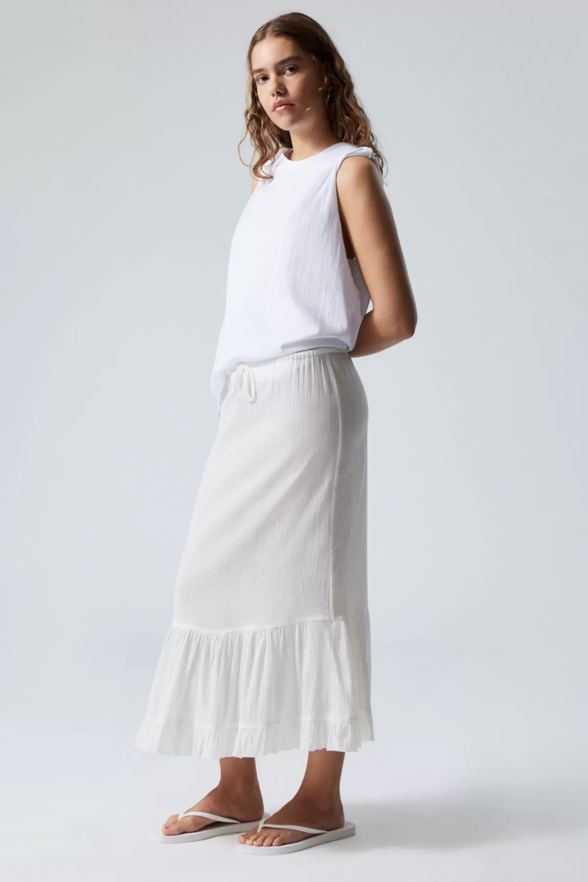 Weekday Sheer Tiered Crepe Skirt Dusty White Sale