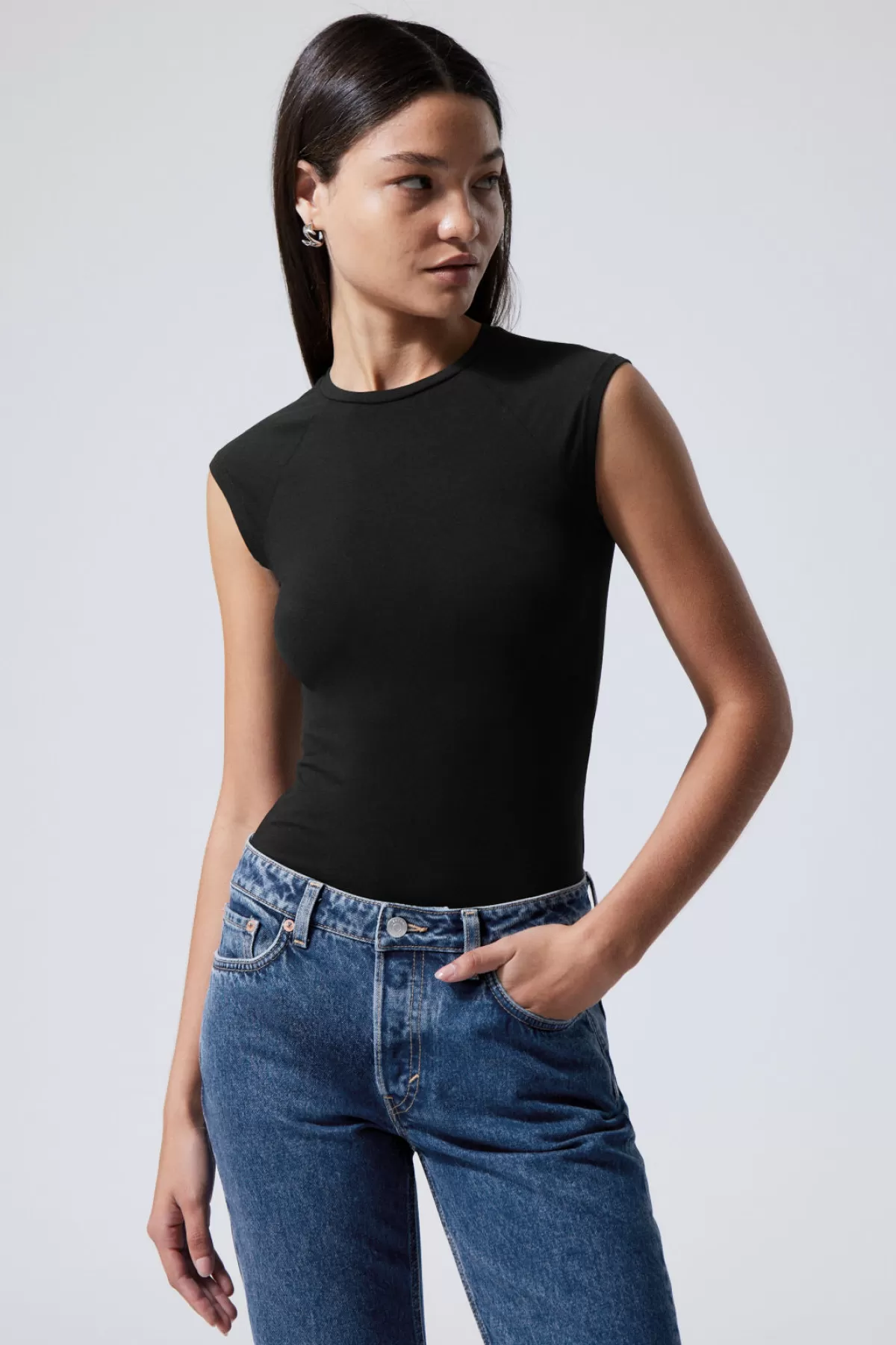 Weekday Short Sleeve Fitted Top Black Clearance