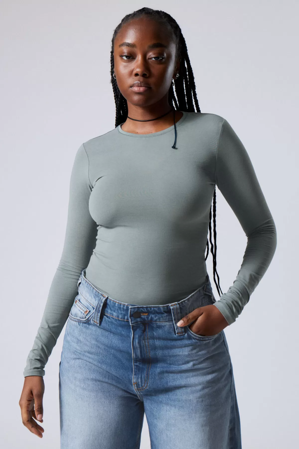 Weekday Slim Fitted Long Sleeve Dusty Turquoise Online