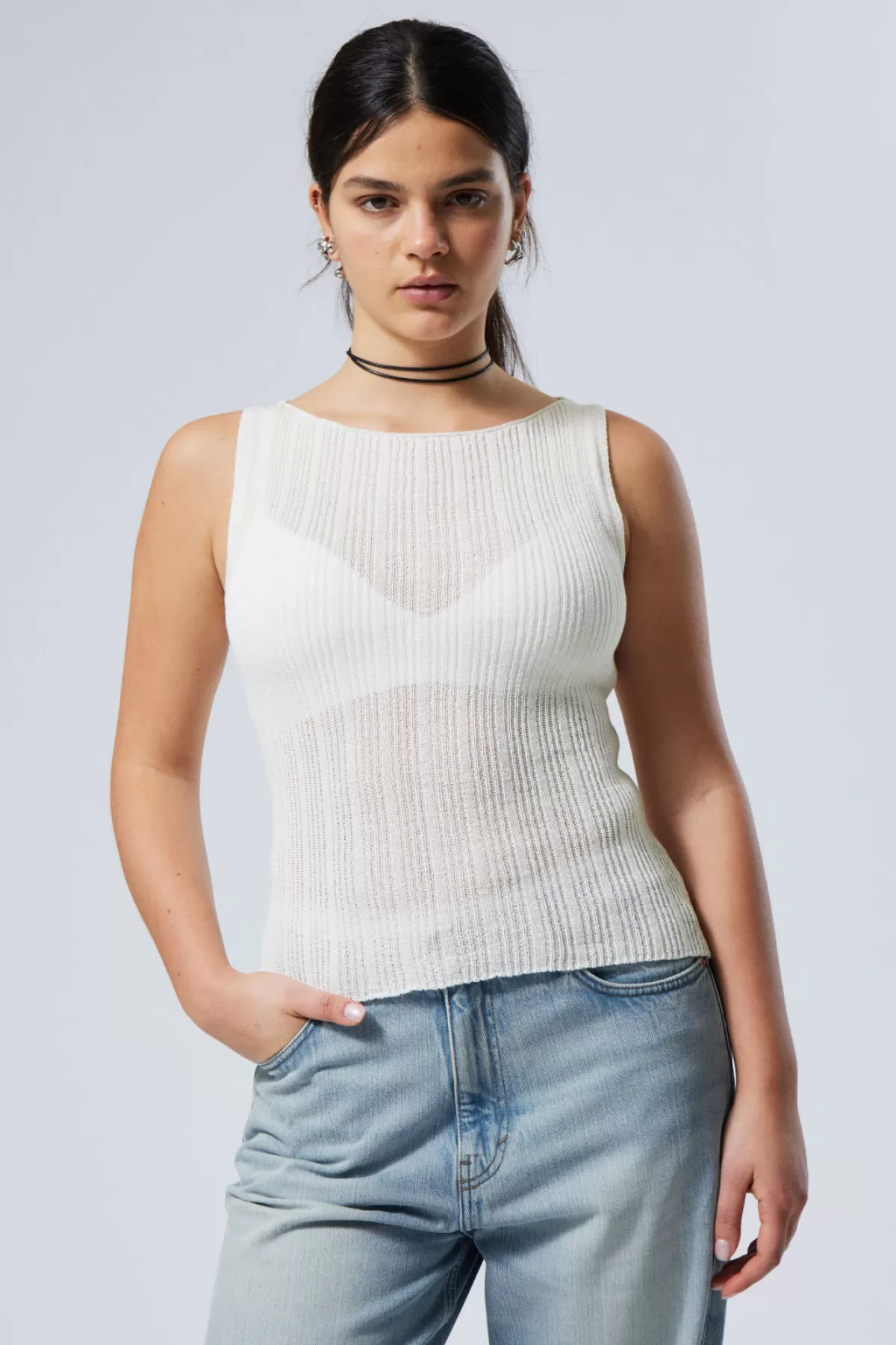 Weekday Slim Knitted Boatneck Tank Top Dusty White Clearance