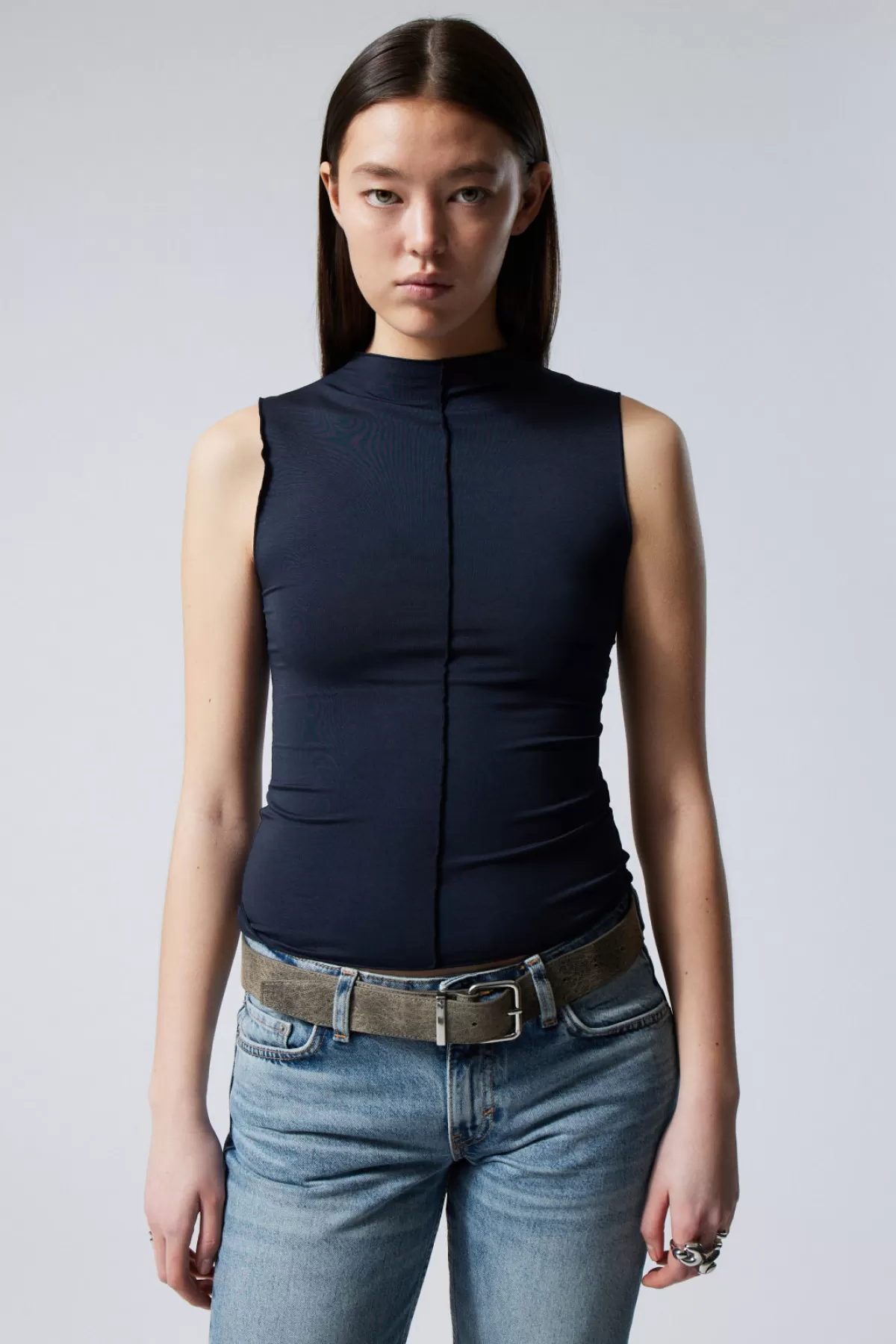 Weekday Soft Mock Neck Top Dark Blue Clearance