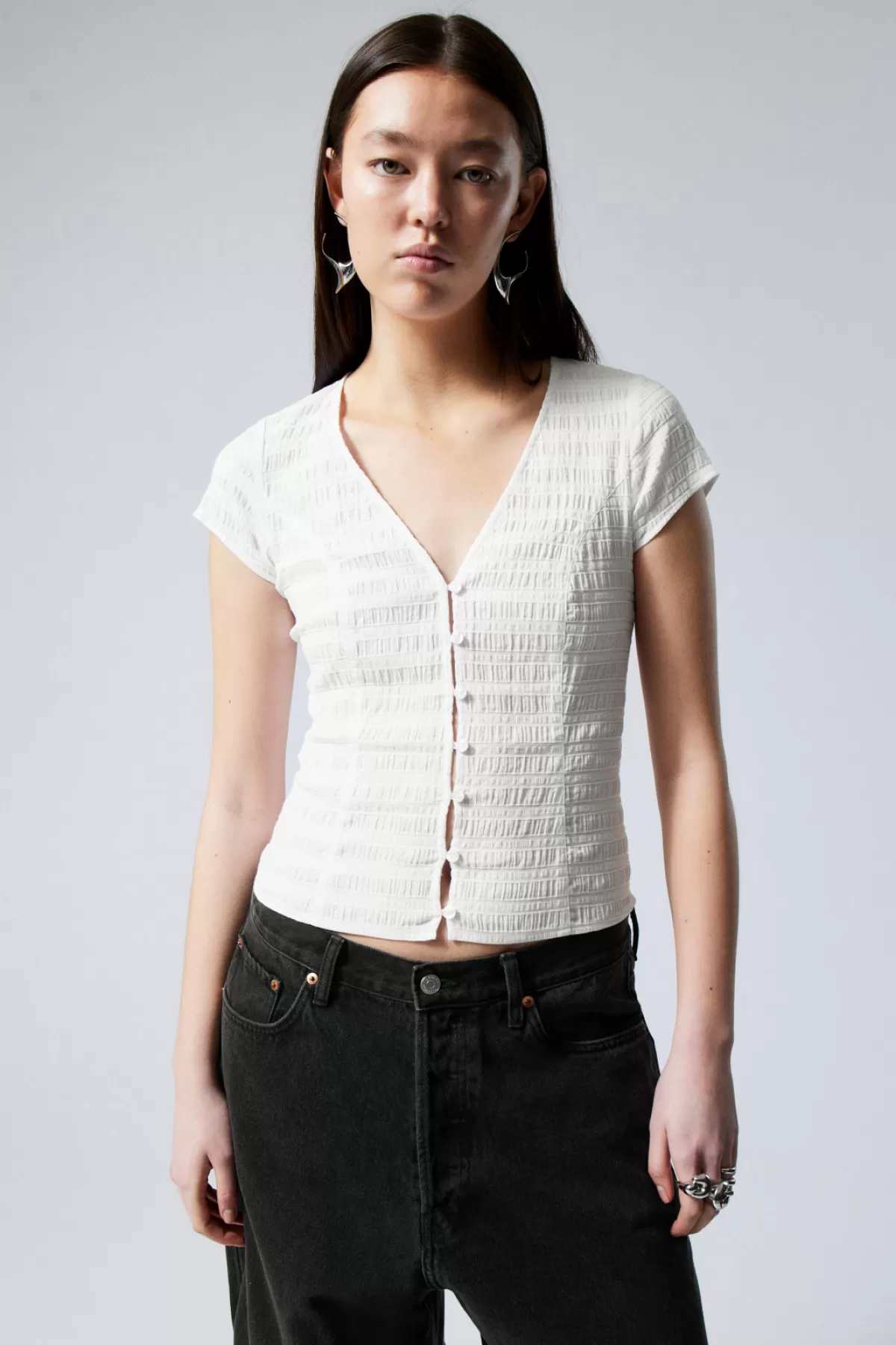 Weekday Structured Short Sleeve Cotton Top White Best Sale