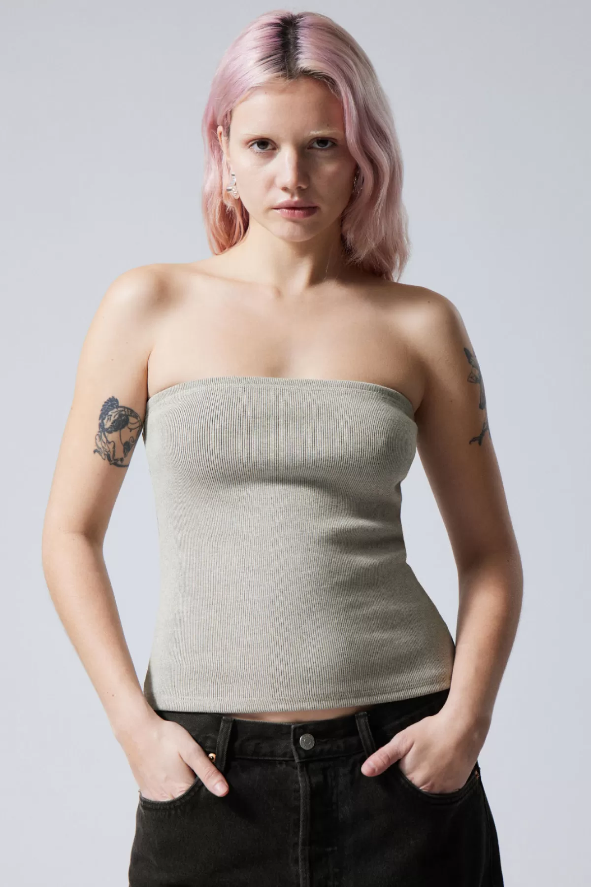 Weekday Tania Rib Tube Top Dusty Grey Outlet
