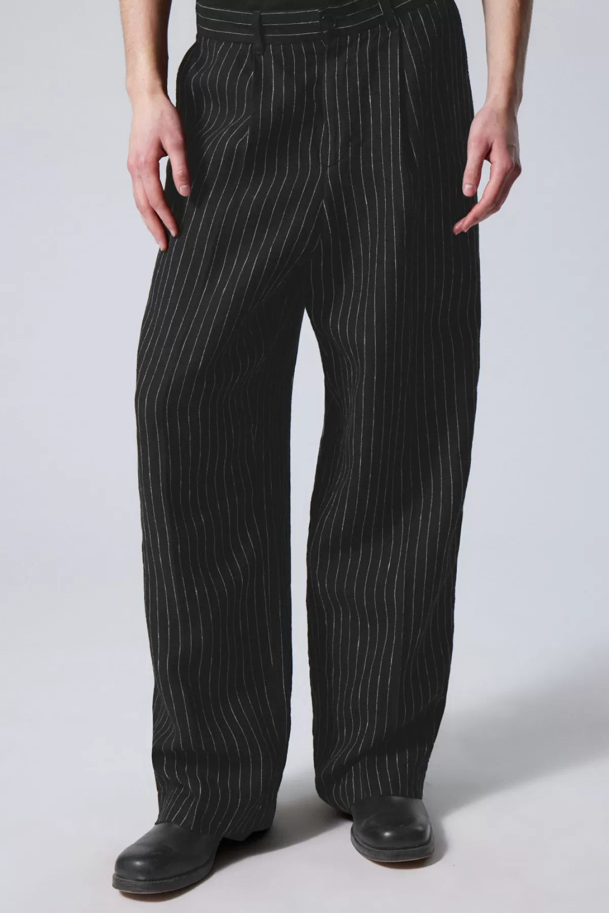 Weekday Uno Loose Linen Suit Trouser Black Pinstripe Best Sale